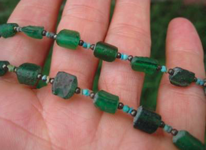 925 Silver Roman Glass Green old Antique Bead Necklace 1200 yrs A3