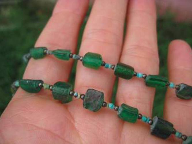925 Silver Roman Glass Green old Antique Bead Necklace 1200 yrs A3