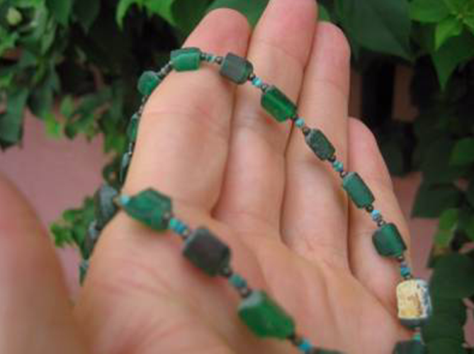 925 Silver Roman Glass Green old Antique Bead Necklace 1200 yrs A3