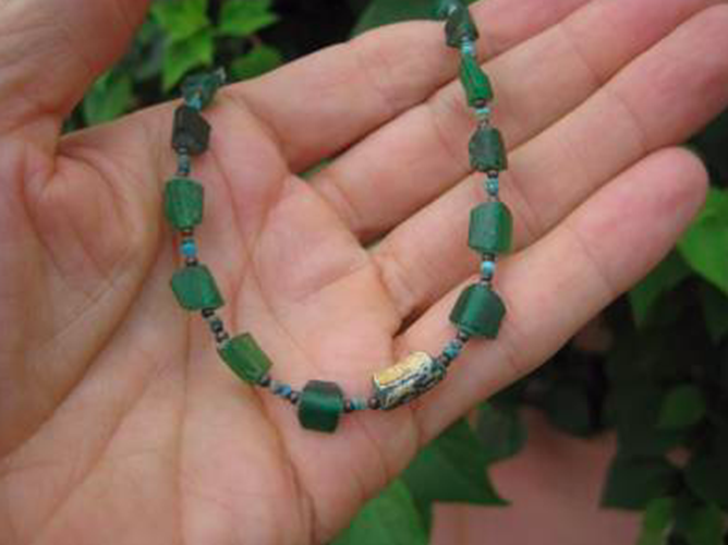 925 Silver Roman Glass Green old Antique Bead Necklace 1200 yrs A3