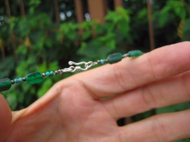 925 Silver Roman Glass Green old Antique Bead Necklace 1200 yrs A3