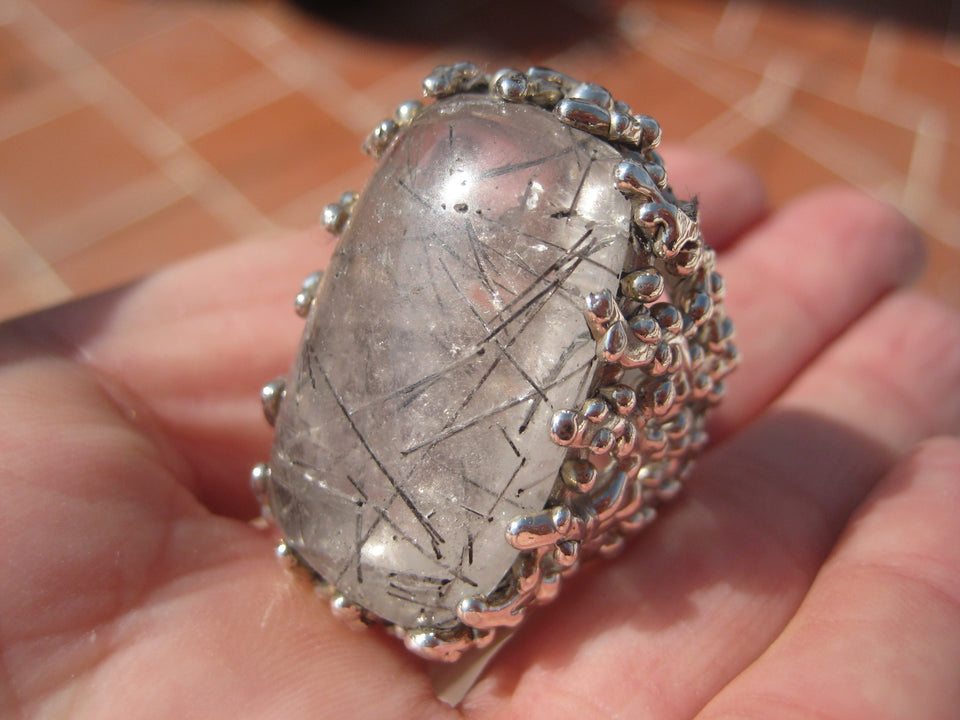 925 Silver Black Rutile Quartz  Ring Taxco Mexico Size 7.75 A8366