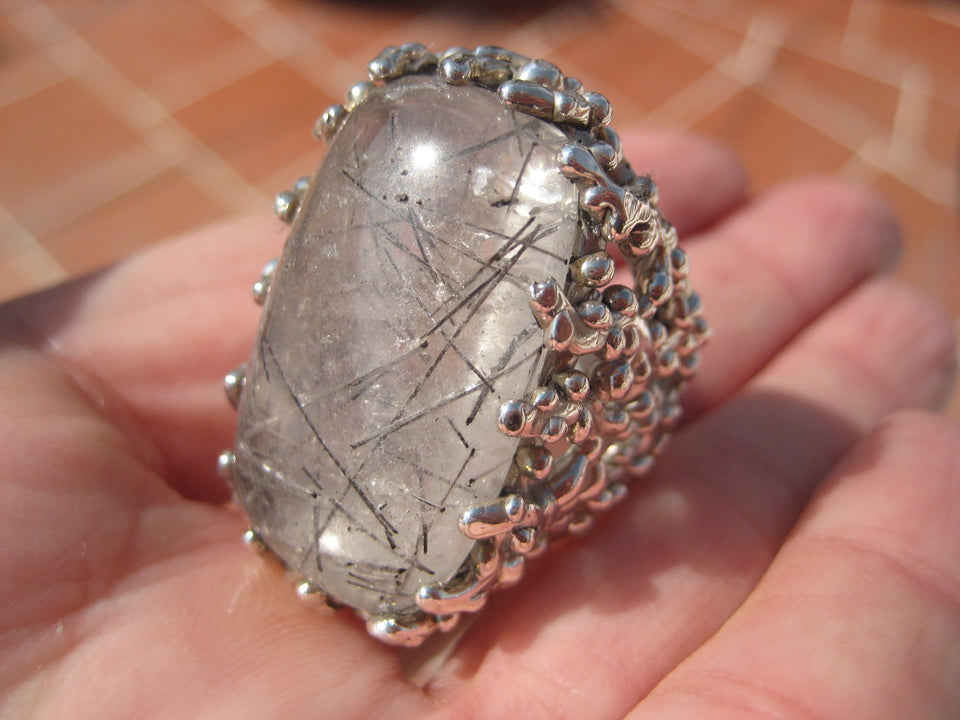 925 Silver Black Rutile Quartz  Ring Taxco Mexico Size 7.75 A8366