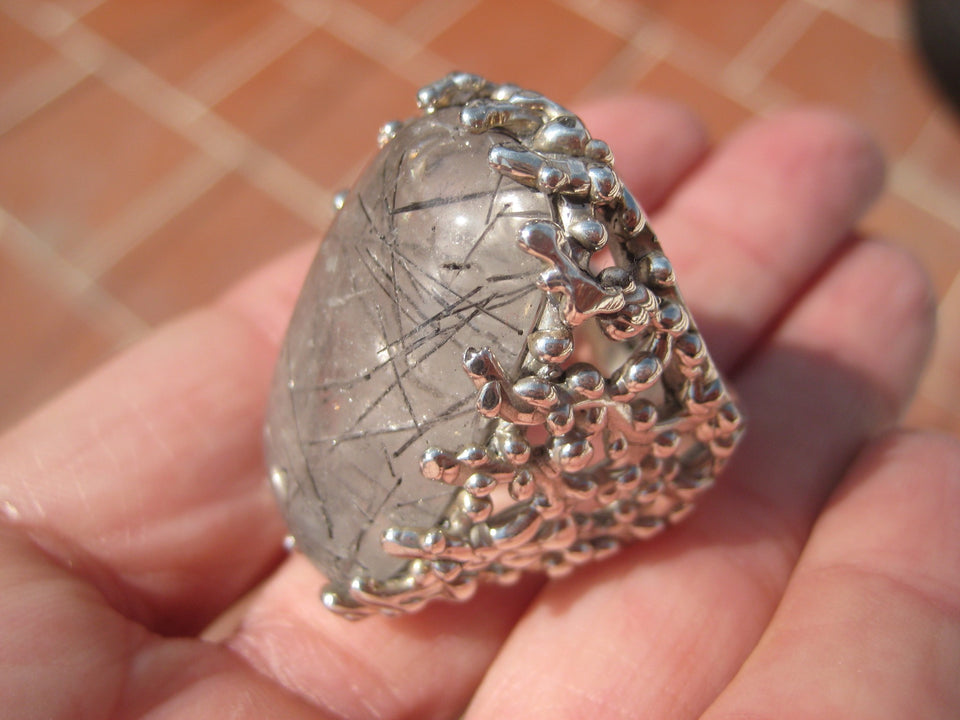 925 Silver Black Rutile Quartz  Ring Taxco Mexico Size 7.75 A8366