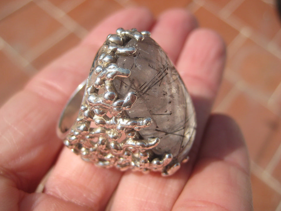 925 Silver Black Rutile Quartz  Ring Taxco Mexico Size 7.75 A8366