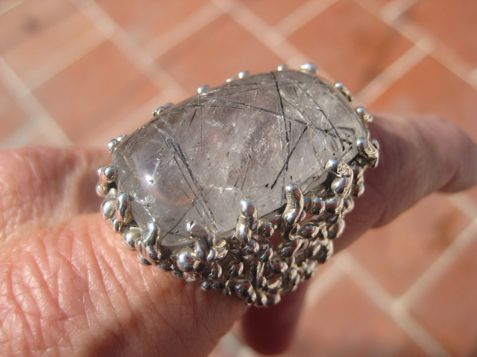925 Silver Black Rutile Quartz  Ring Taxco Mexico Size 7.75 A8366