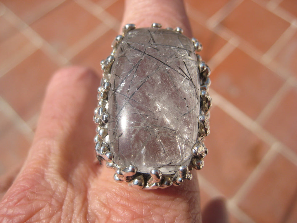 925 Silver Black Rutile Quartz  Ring Taxco Mexico Size 7.75 A8366