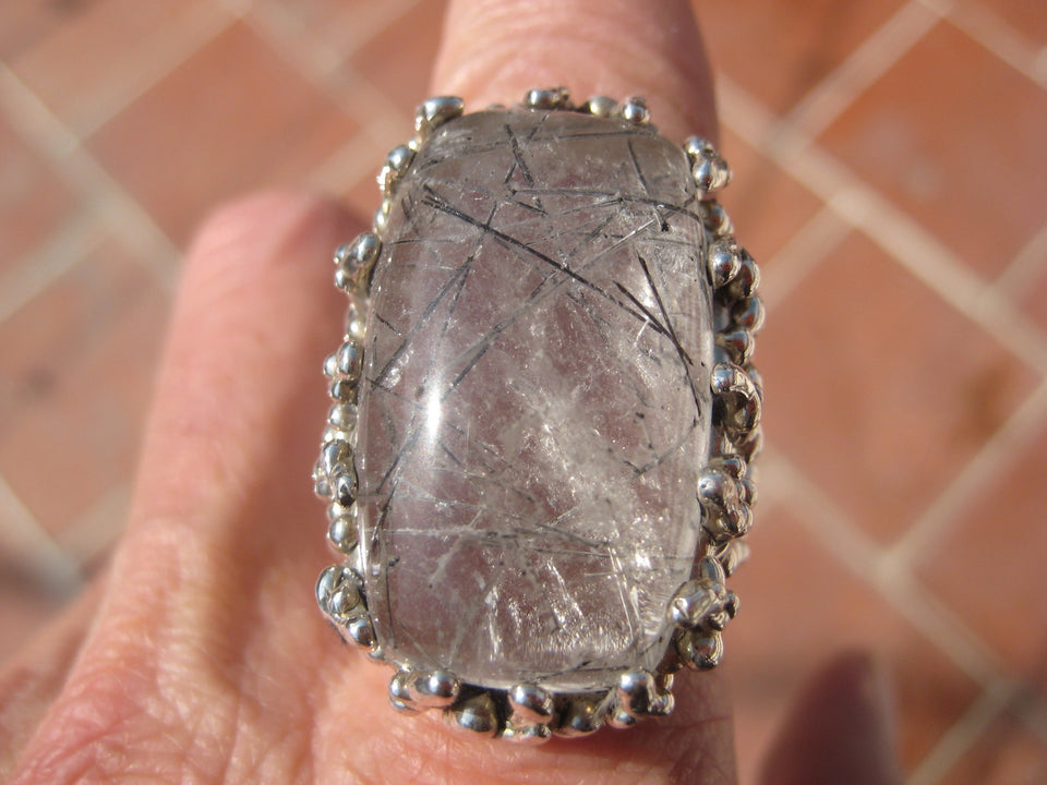 925 Silver Black Rutile Quartz  Ring Taxco Mexico Size 7.75 A8366