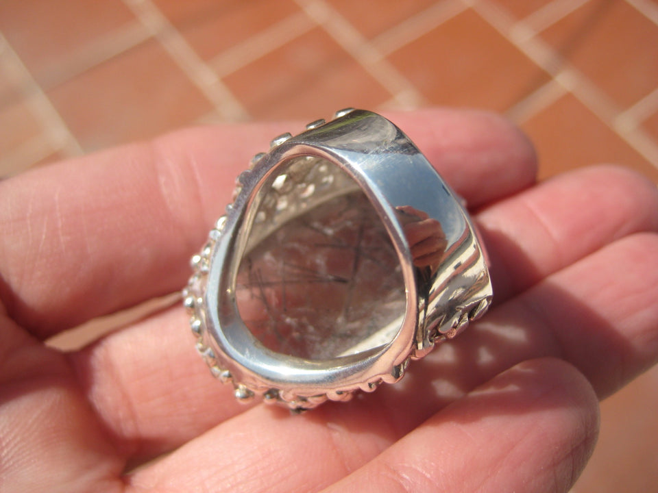 925 Silver Black Rutile Quartz  Ring Taxco Mexico Size 7.75 A8366