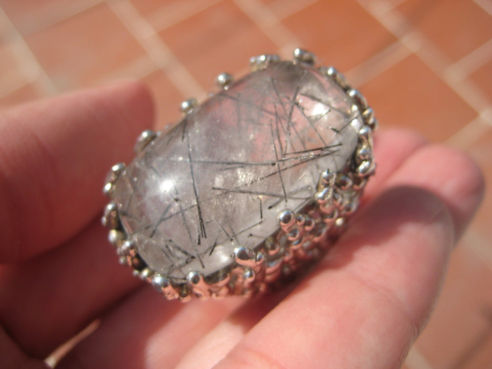 925 Silver Black Rutile Quartz  Ring Taxco Mexico Size 7.75 A8366
