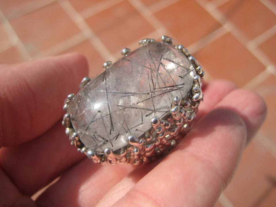 925 Silver Black Rutile Quartz  Ring Taxco Mexico Size 7.75 A8366