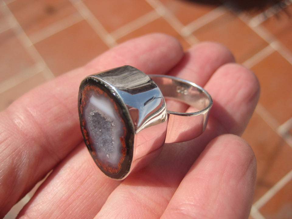 925  Silver Natural Agate Geode Druzy RingTaxco Mexico Size 6.5 Adjustable A3866