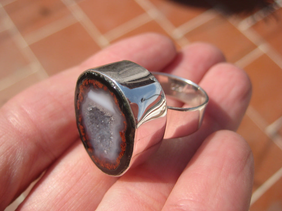 925  Silver Natural Agate Geode Druzy RingTaxco Mexico Size 6.5 Adjustable A3866