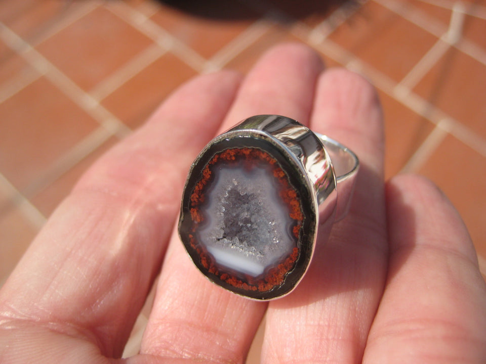 925  Silver Natural Agate Geode Druzy RingTaxco Mexico Size 6.5 Adjustable A3866