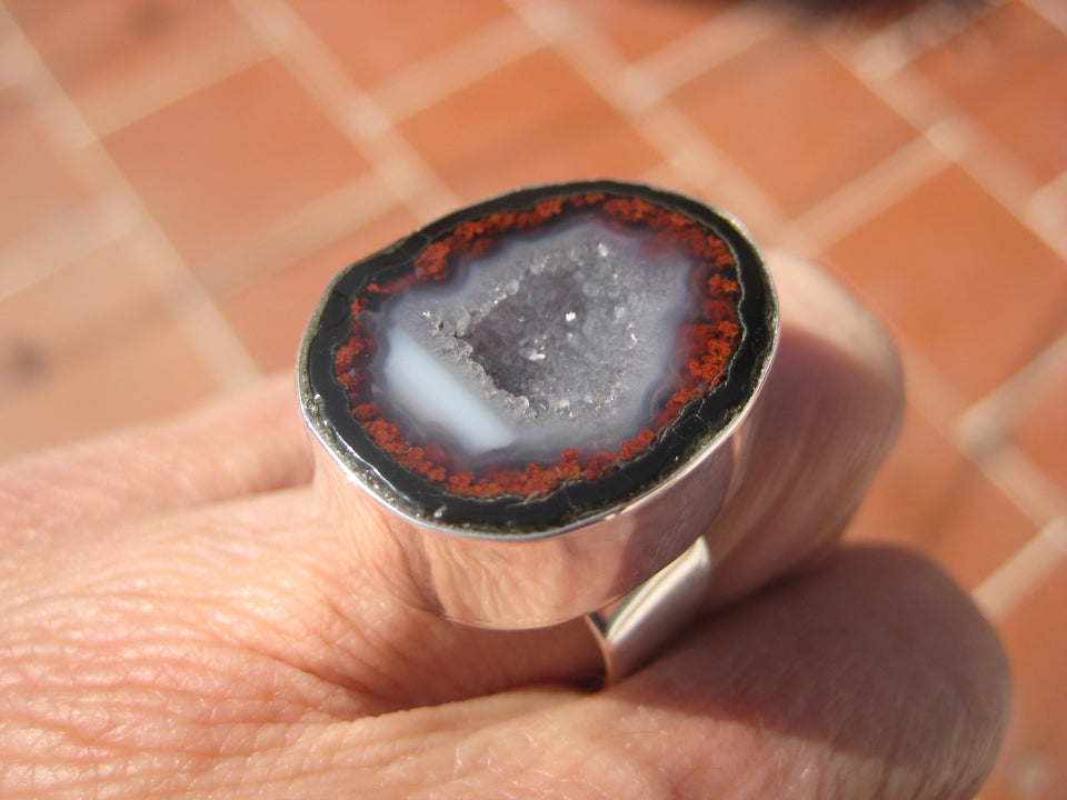 925  Silver Natural Agate Geode Druzy RingTaxco Mexico Size 6.5 Adjustable A3866