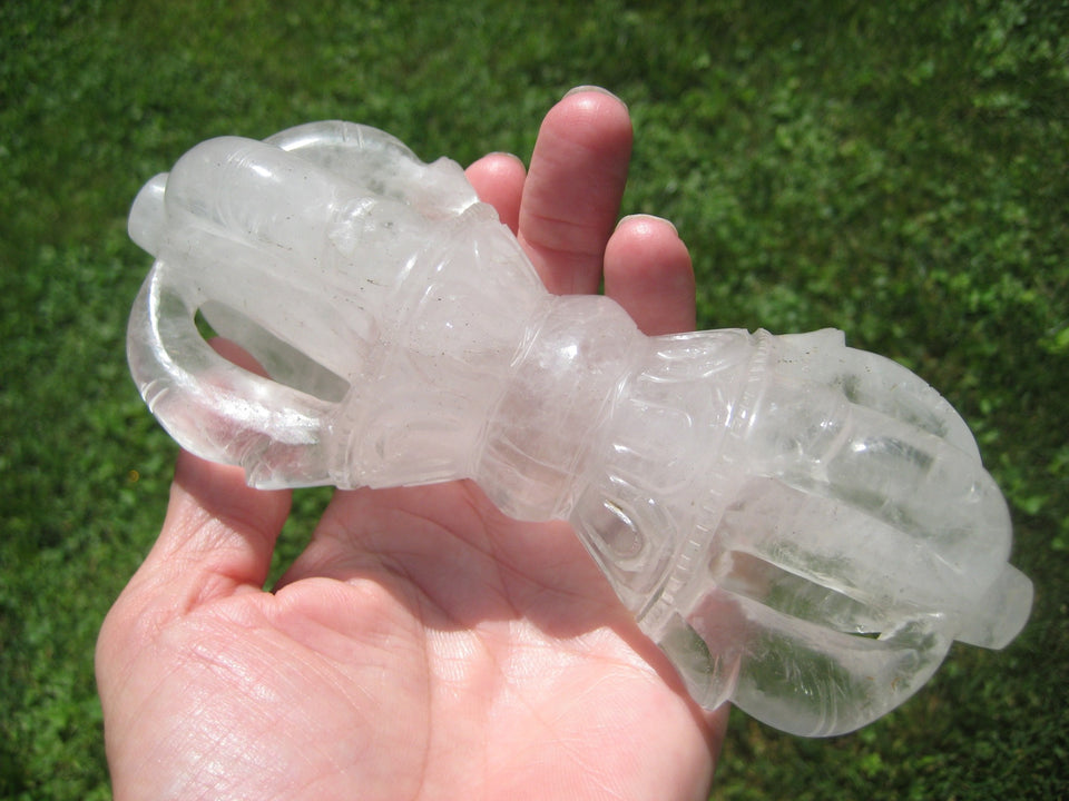 Large Natural Quartz Crystal Vajra Dorje stone Nepal Art Statue Carving A4745