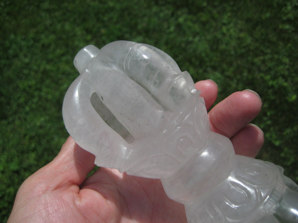 Large Natural Quartz Crystal Vajra Dorje stone Nepal Art Statue Carving A4745