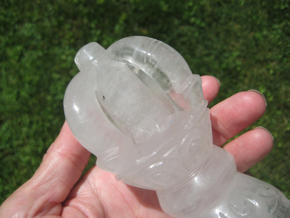 Large Natural Quartz Crystal Vajra Dorje stone Nepal Art Statue Carving A4745