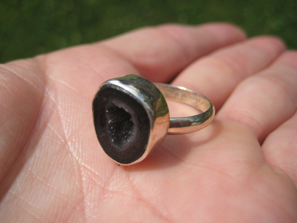 925 Silver Agate Geode Drusy Ring Taxco Mexico Size 7.25 Adjustable A3396