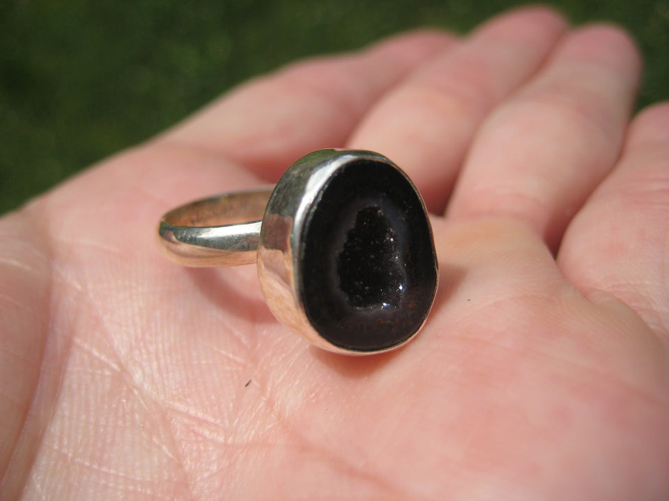 925 Silver Agate Geode Drusy Ring Taxco Mexico Size 7.25 Adjustable A3396
