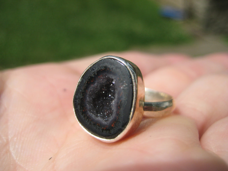 925 Silver Agate Geode Drusy Ring Taxco Mexico Size 7.25 Adjustable A3396