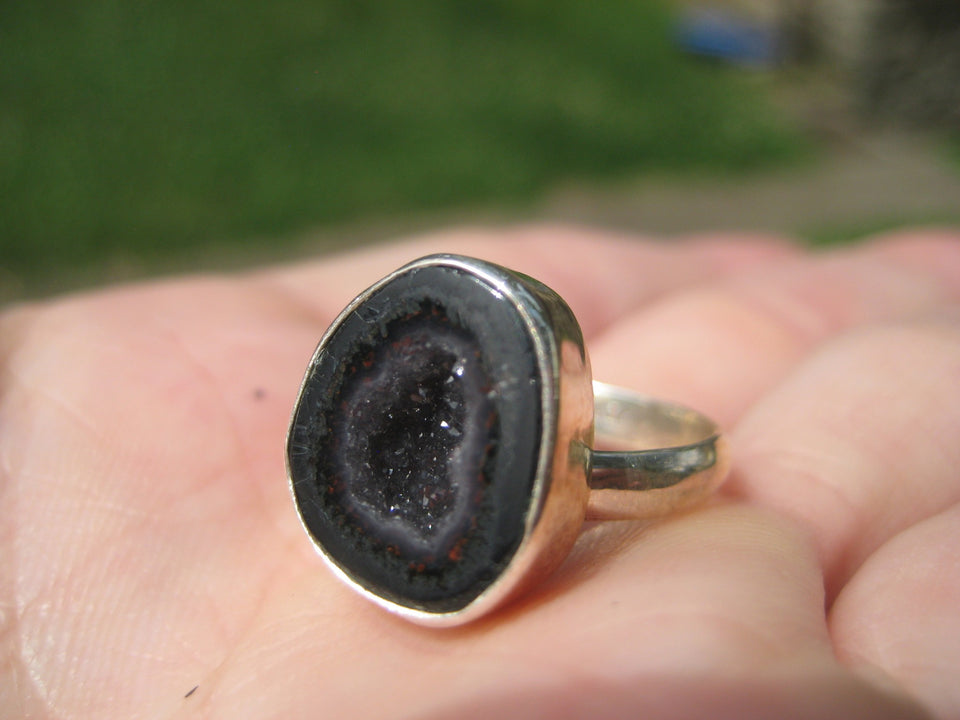 925 Silver Agate Geode Drusy Ring Taxco Mexico Size 7.25 Adjustable A3396