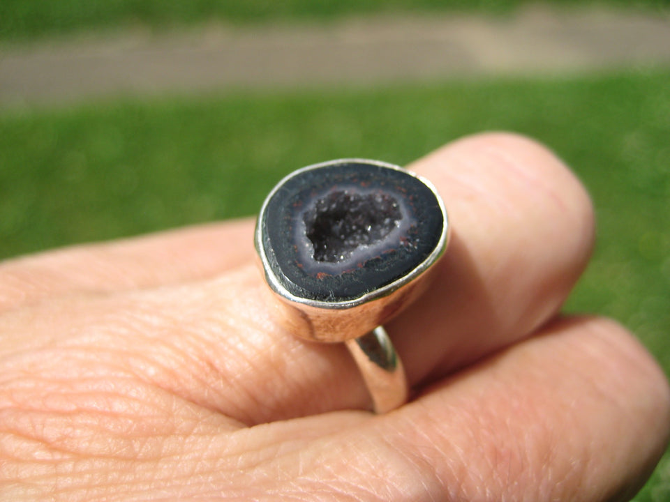 925 Silver Agate Geode Drusy Ring Taxco Mexico Size 7.25 Adjustable A3396