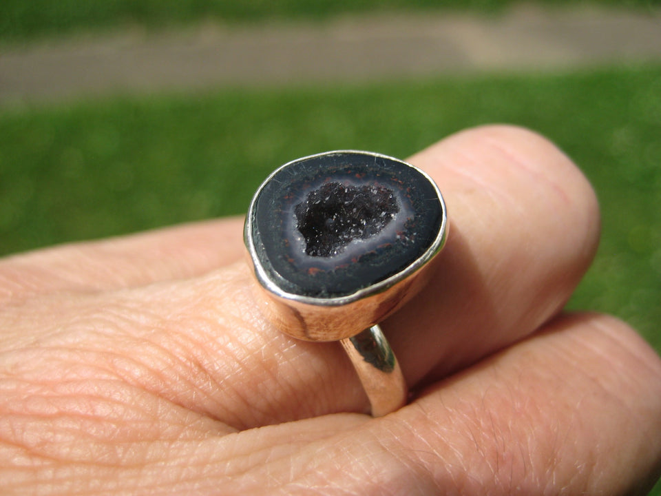 925 Silver Agate Geode Drusy Ring Taxco Mexico Size 7.25 Adjustable A3396
