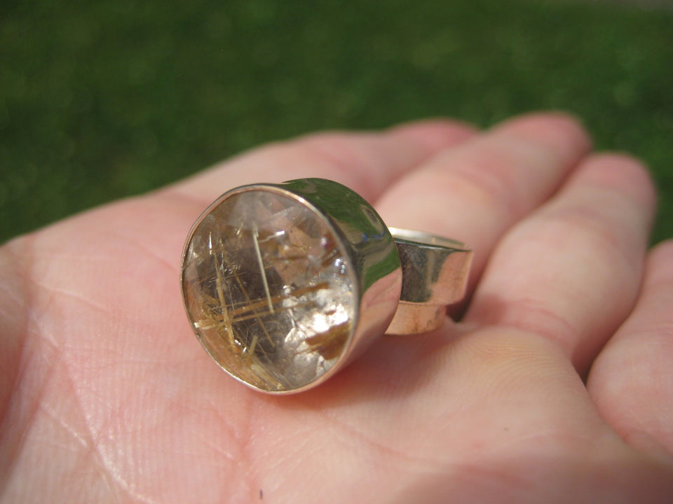 925 Silver Golden Rutile Quartz Ring Taxco Mexico Size 5.5 US Adjustable A2742