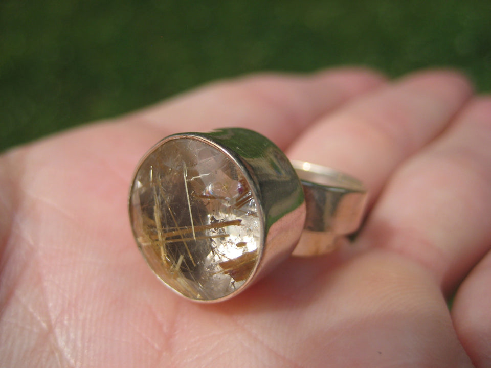 925 Silver Golden Rutile Quartz Ring Taxco Mexico Size 5.5 US Adjustable A2742
