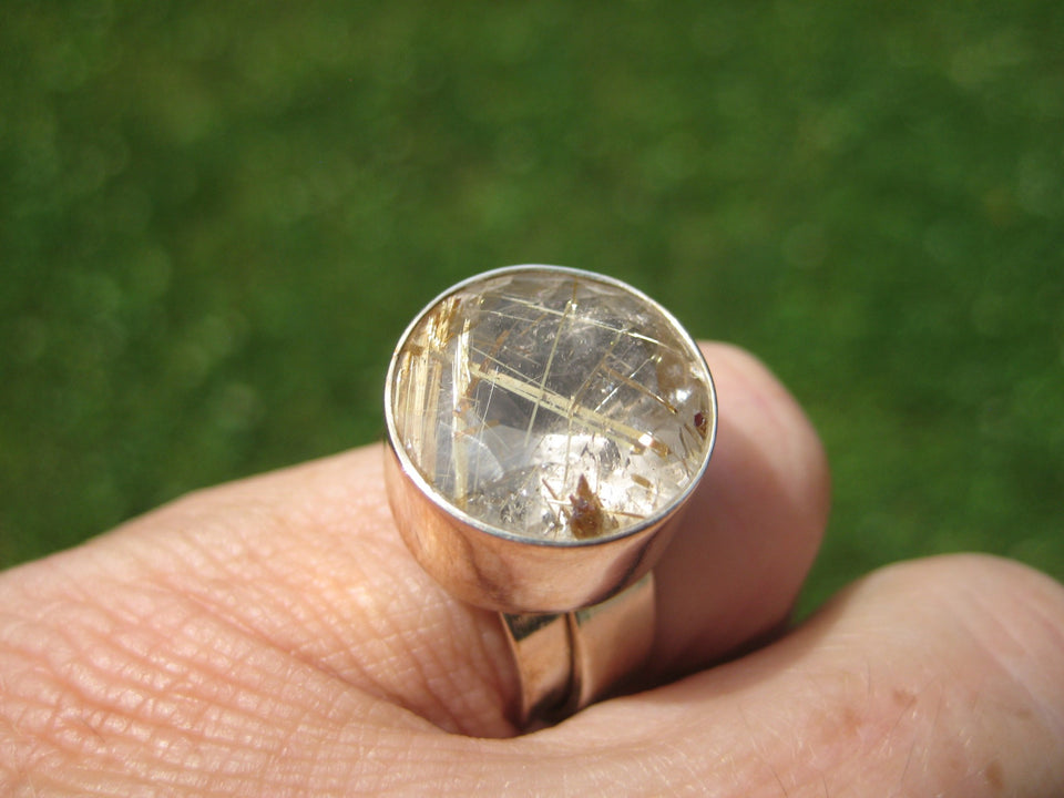 925 Silver Golden Rutile Quartz Ring Taxco Mexico Size 5.5 US Adjustable A2742