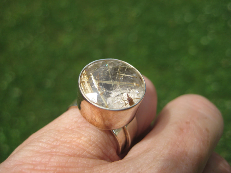 925 Silver Golden Rutile Quartz Ring Taxco Mexico Size 5.5 US Adjustable A2742