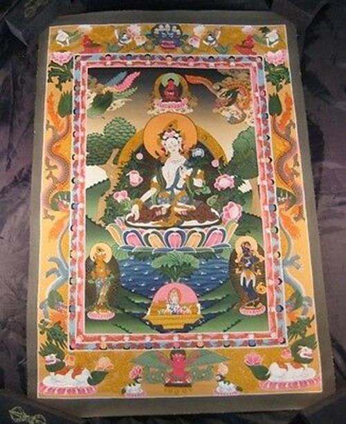 24 K Gold White Tara Dragon Thangka Thanka paintng Nepal Himalayan Art N3866