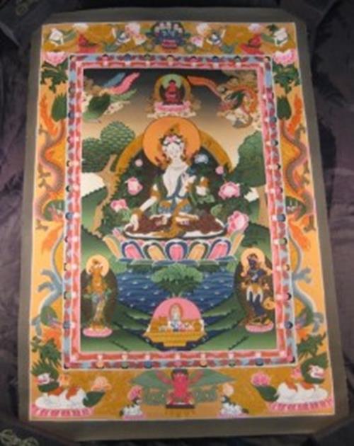 24 K Gold White Tara Dragon Thangka Thanka paintng Nepal Himalayan Art N3866