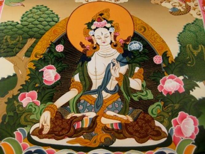 24 K Gold White Tara Dragon Thangka Thanka paintng Nepal Himalayan Art N3866