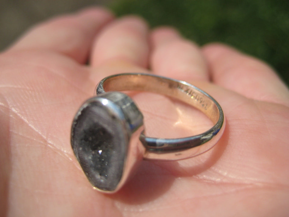 925 Silver Agate Geode Drusy Ring Taxco Mexico Size 7.25 Adjustable A3855