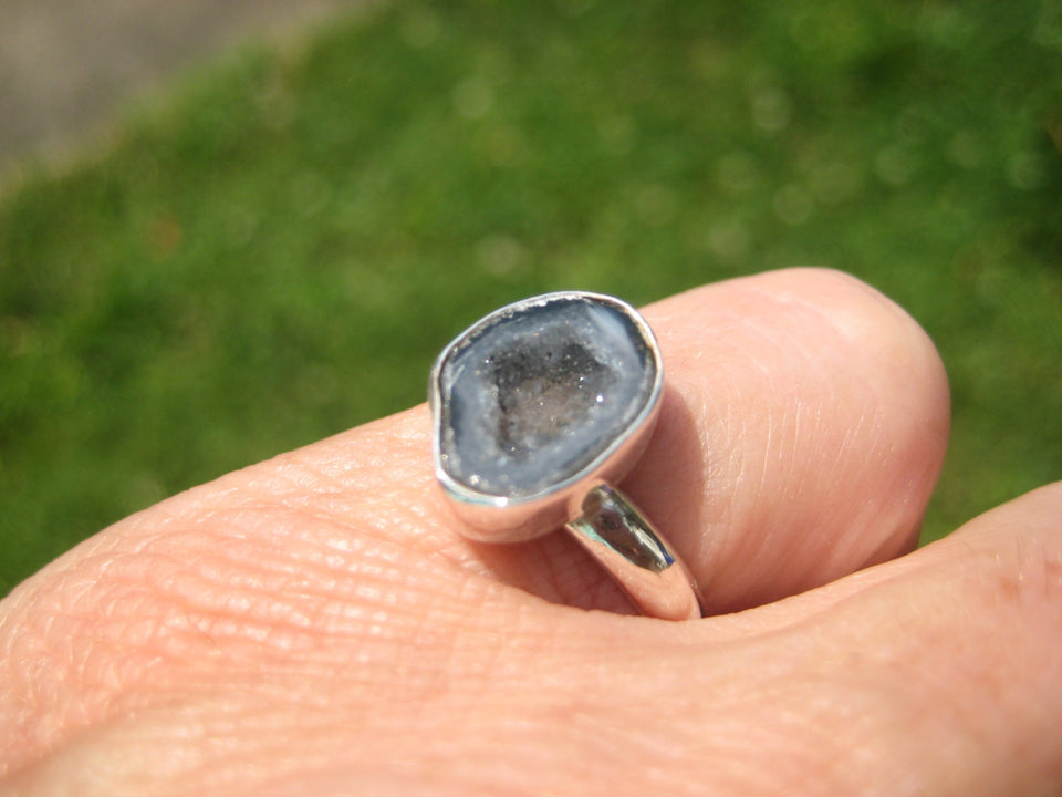 925 Silver Agate Geode Drusy Ring Taxco Mexico Size 7.25 Adjustable A3855