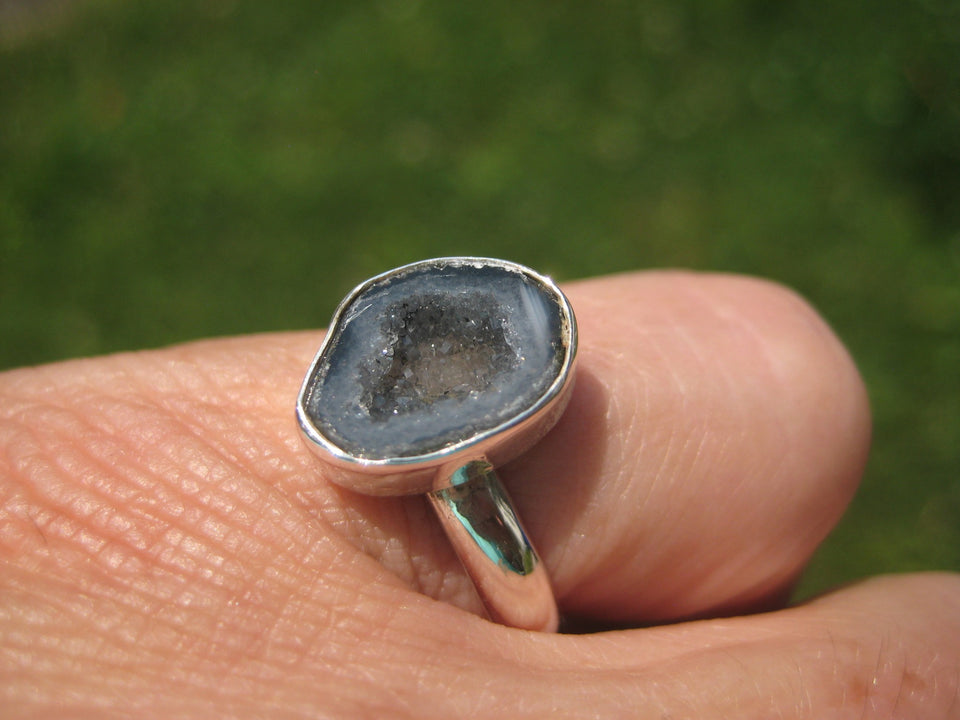 925 Silver Agate Geode Drusy Ring Taxco Mexico Size 7.25 Adjustable A3855