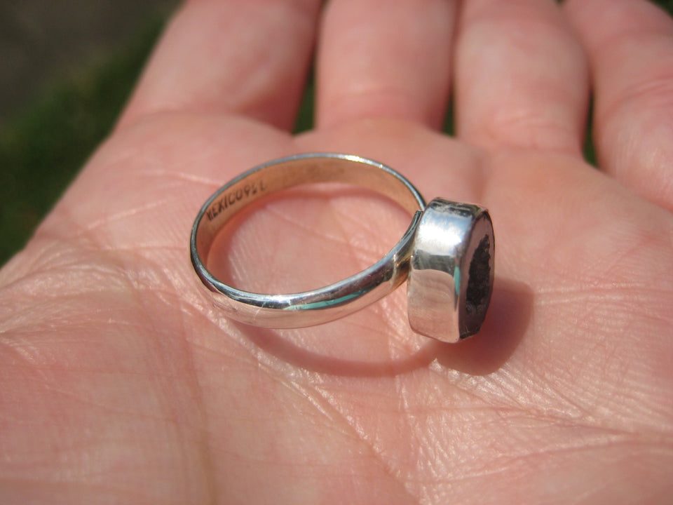 925 Silver Agate Geode Drusy Ring Taxco Mexico Size 7.25 Adjustable A3855