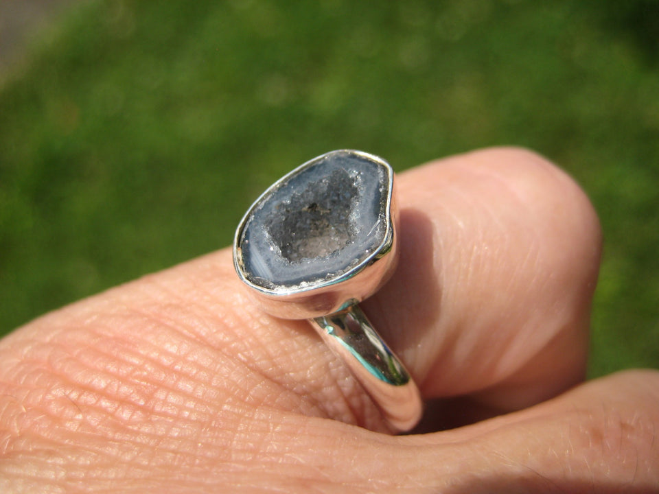 925 Silver Agate Geode Drusy Ring Taxco Mexico Size 7.25 Adjustable A3855