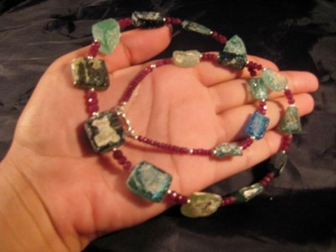 925 Silver Roman Glass Ruby Stone Bead Necklace Jewelry Afghanistan 1500 yr  A26
