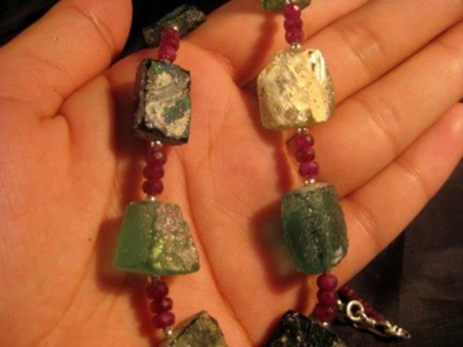 925 Silver Roman Glass Ruby Stone Bead Necklace Jewelry Afghanistan 1500 yr  A26