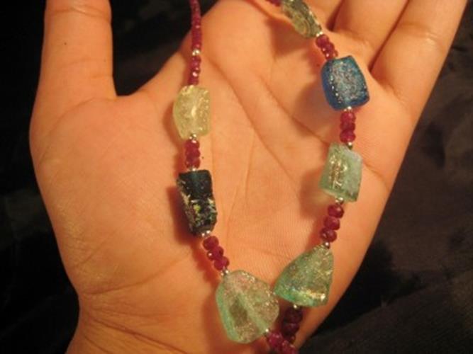 925 Silver Roman Glass Ruby Stone Bead Necklace Jewelry Afghanistan 1500 yr  A26