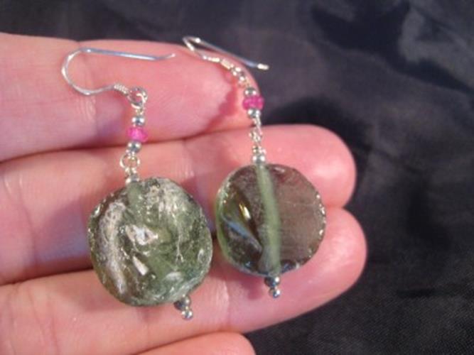 925 Silver Roman Glass Earrings Afghanistan jewelry art 1500 yrs green color A4N
