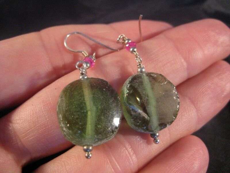 925 Silver Roman Glass Earrings Afghanistan jewelry art 1500 yrs green color A4N