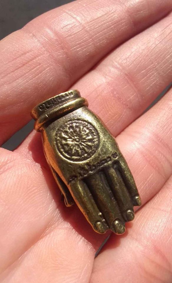 Brass metal hamsa hand of God with monkey statue amulet Thailand