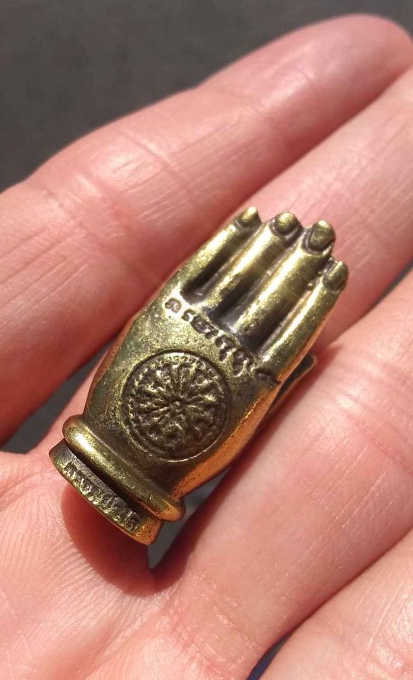 Brass metal hamsa hand of God with monkey statue amulet Thailand