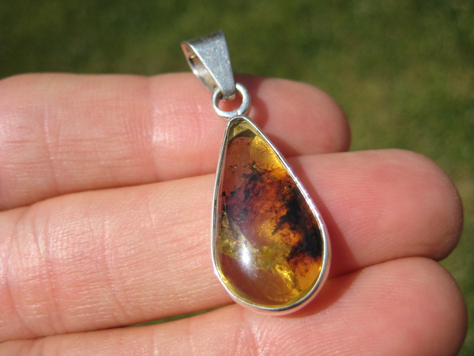 925 Silver Natural Chiapas  Amber Pendant Necklace Taxco Mexico Jewelry Art A29