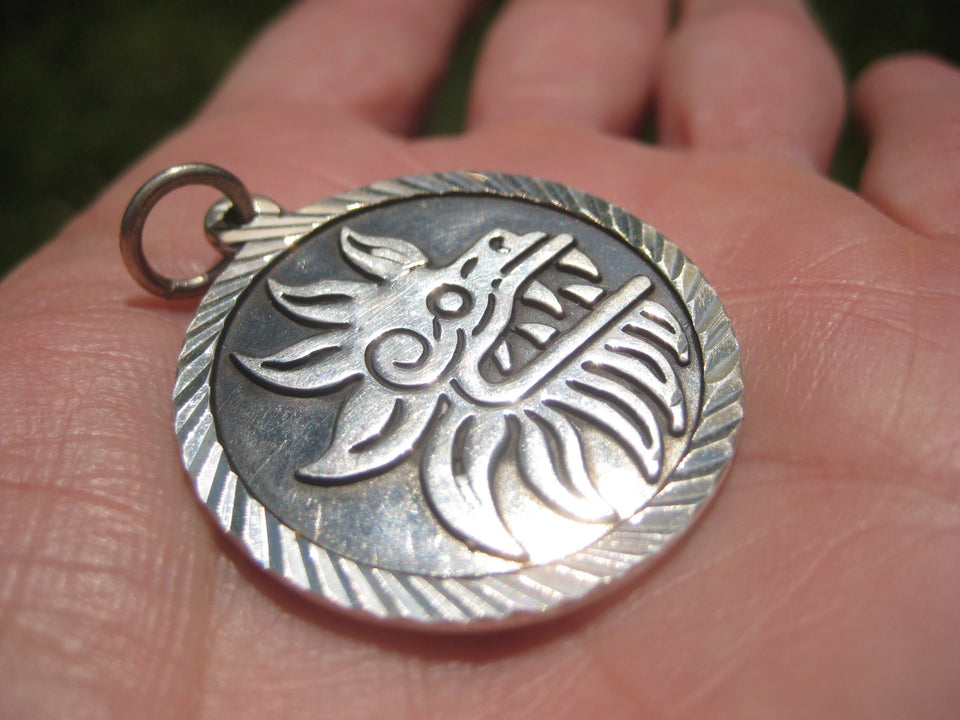 950 Silver Taxco Mexico quetzalcoatl Aztec Pendant A3365