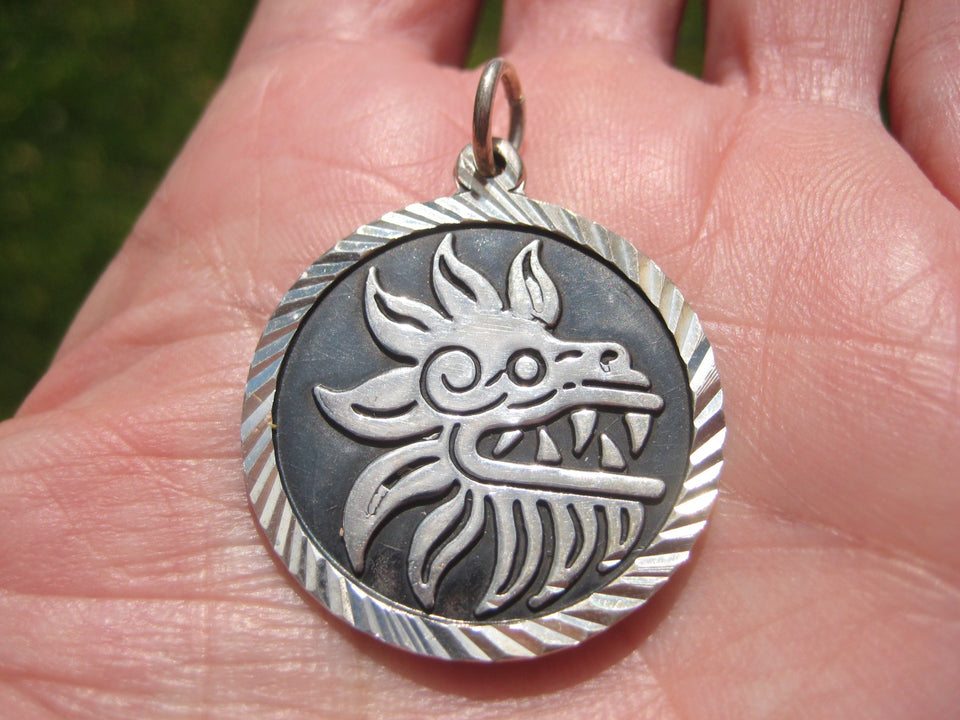 950 Silver Taxco Mexico quetzalcoatl Aztec Pendant A3365
